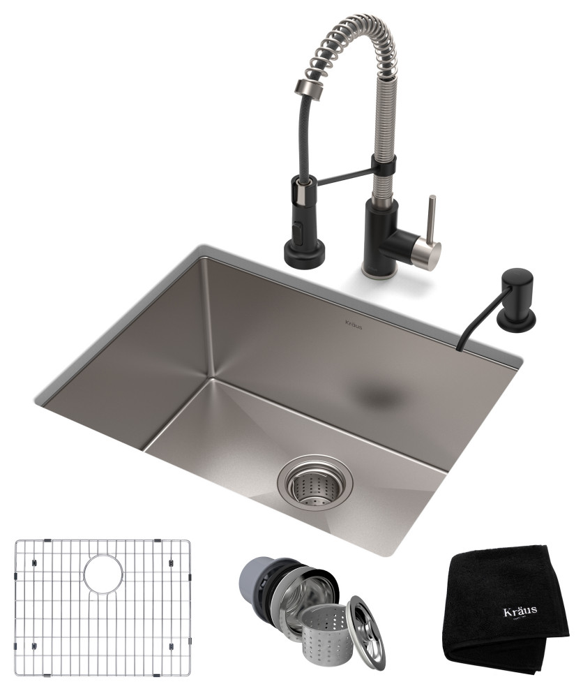 23" Undermount Stainless Steel Kitchen Sink, Pull-Down Faucet SSMB w Dispenser