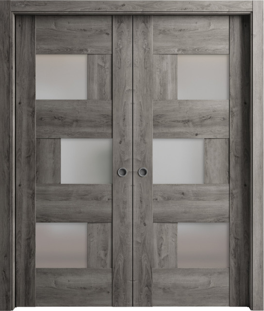 Sliding Double Pocket Doors, 6933 Nebraska Grey & Frosted Glass, 60"x80