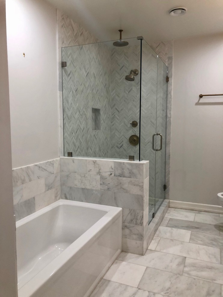 Design ideas for a large eclectic master bathroom in Los Angeles with white cabinets, an alcove tub, a corner shower, white walls, an undermount sink, grey floor and a hinged shower door.