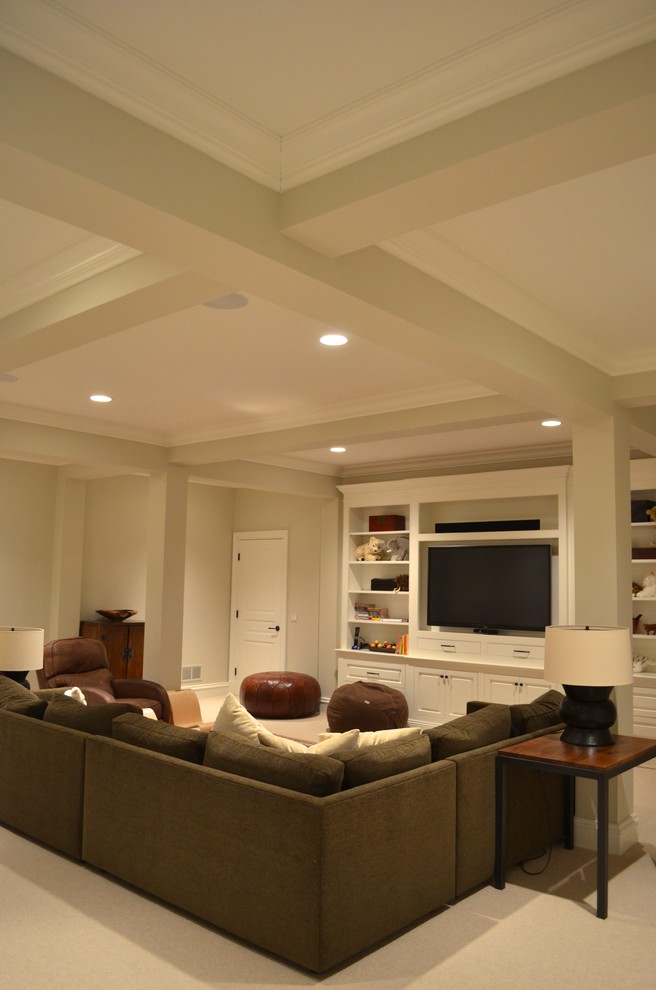 Design ideas for a large traditional fully buried basement in Chicago with white walls, carpet and no fireplace.