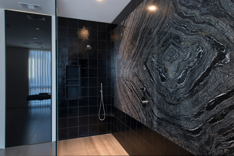 Design ideas for an expansive modern master bathroom in Los Angeles with an open shower, black tile, marble, black walls, an undermount sink and an open shower.