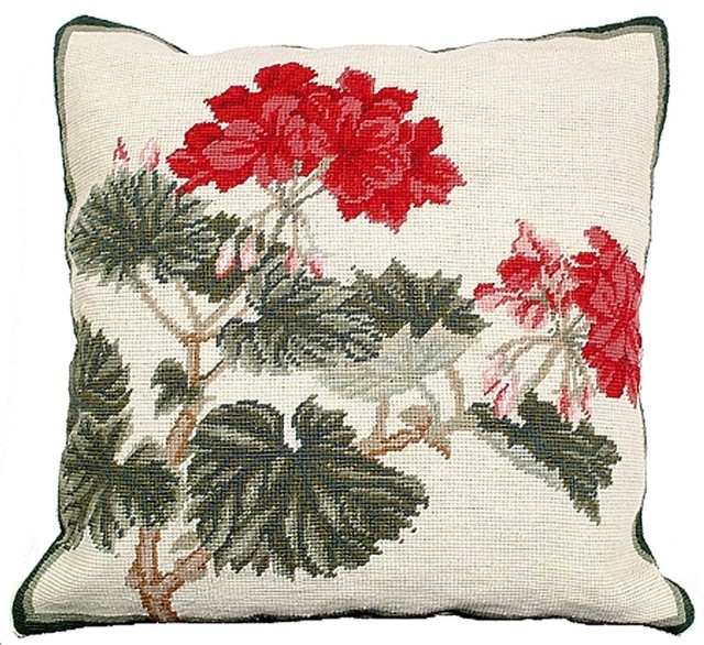 Throw Pillow Needlepoint Geranium Flower Contemporary