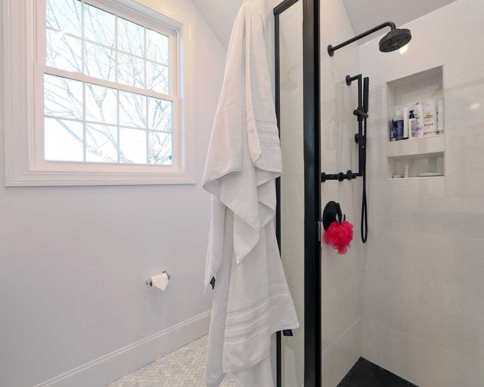 Photo of a mid-sized modern master bathroom in Boston with an alcove shower, white tile, mosaic tile, white walls and marble floors.