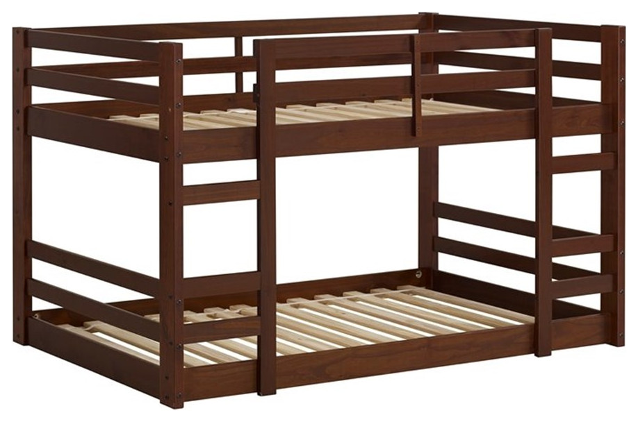 Pemberly Row Low Wood Twin Over Twin Bunk Bed in Walnut Finish, Twin