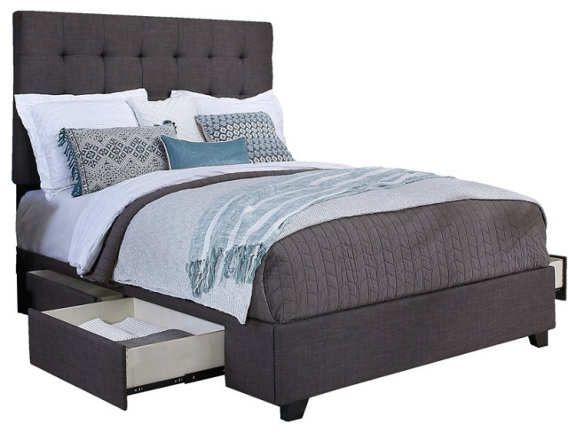 Manhattan Fabric Upholstered "Steel-Core" Platform King Bed/4-Drawers Gray
