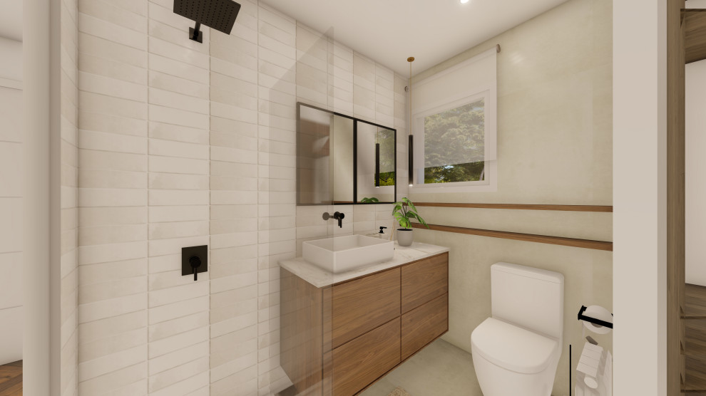Idée de décoration pour un petit WC et toilettes minimaliste avec des portes de placard beiges, un carrelage beige, des carreaux de céramique, un mur multicolore, un sol en vinyl, un plan vasque, un plan de toilette en quartz, un sol marron, un plan de toilette blanc et meuble-lavabo sur pied.