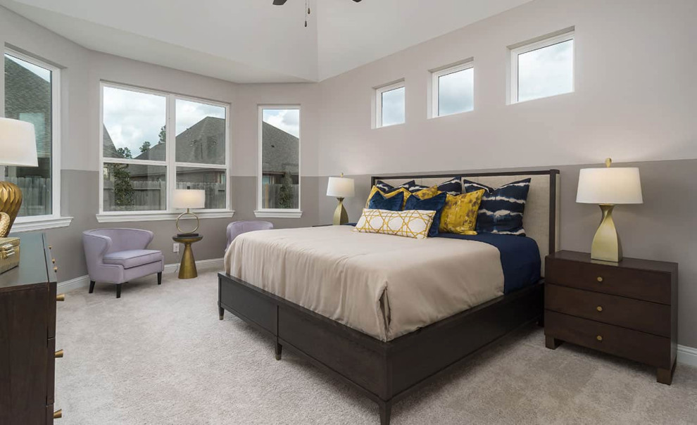 Diseño de dormitorio principal y abovedado contemporáneo con paredes grises, moqueta y suelo beige