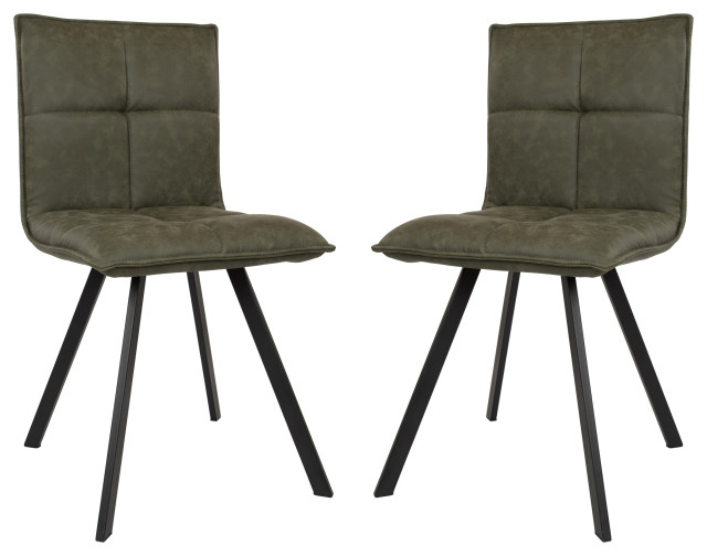 Wesley Modern Leather Dining Chair, Metal Legs Set of 2, Olive Green