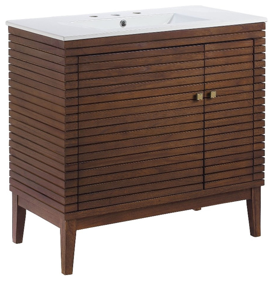 Modway Ledger 36" Modern Solid Mindi Wood Bathroom Vanity in Walnut