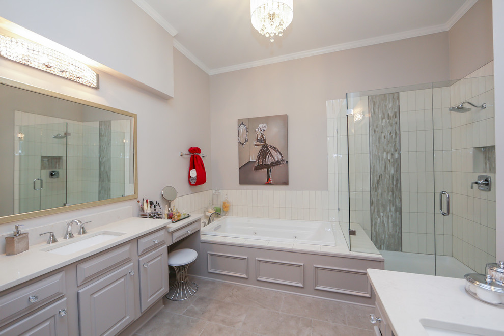 Drop-in bathtub - mid-sized transitional master white tile and ceramic tile porcelain tile and gray floor drop-in bathtub idea in Atlanta with recessed-panel cabinets, gray cabinets, gray walls, an undermount sink, quartz countertops and a hinged shower door