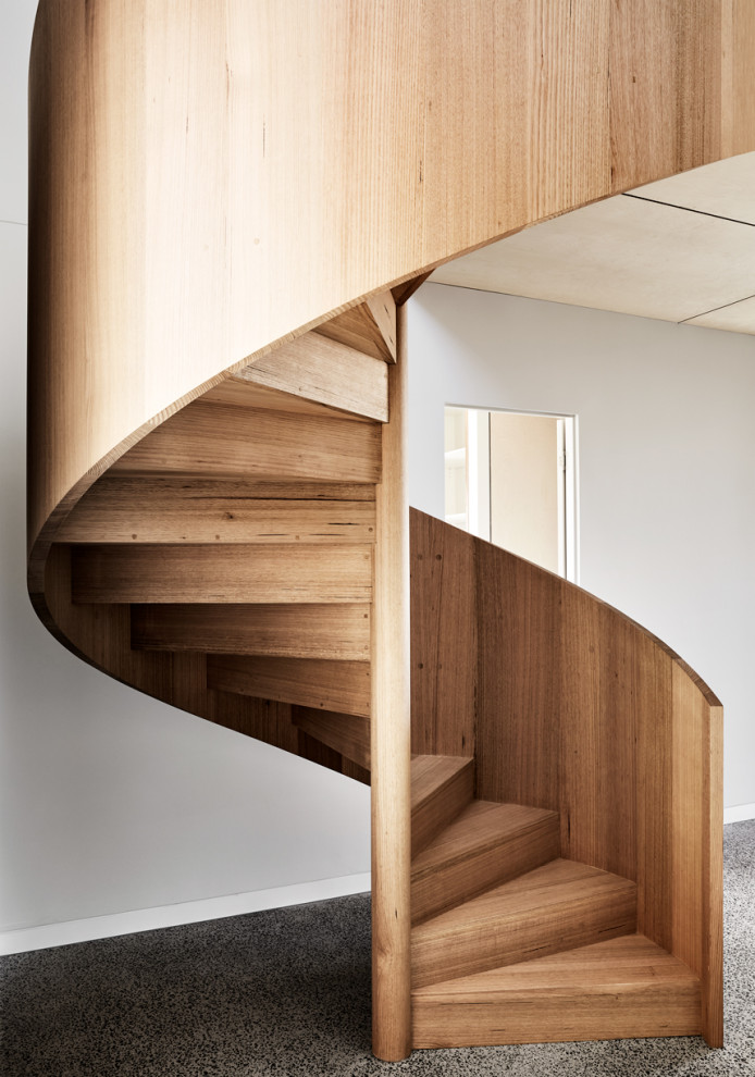 Diseño de escalera de caracol actual grande con escalones de madera, contrahuellas de madera y madera