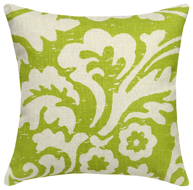 Jacobean Floral Printed Linen Pillow With Feather-Down Insert, Chartreuse Green