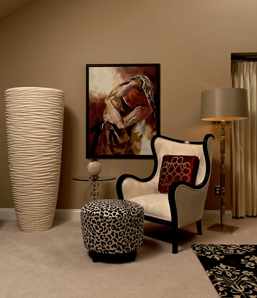 Inspiration for a contemporary bedroom in DC Metro with brown walls and carpet.