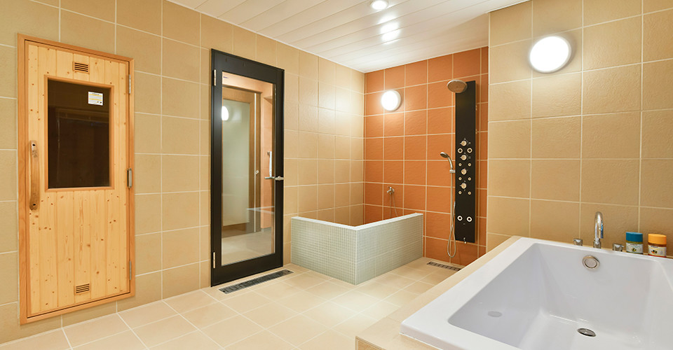 Photo of a modern bathroom in Other with red cabinets.