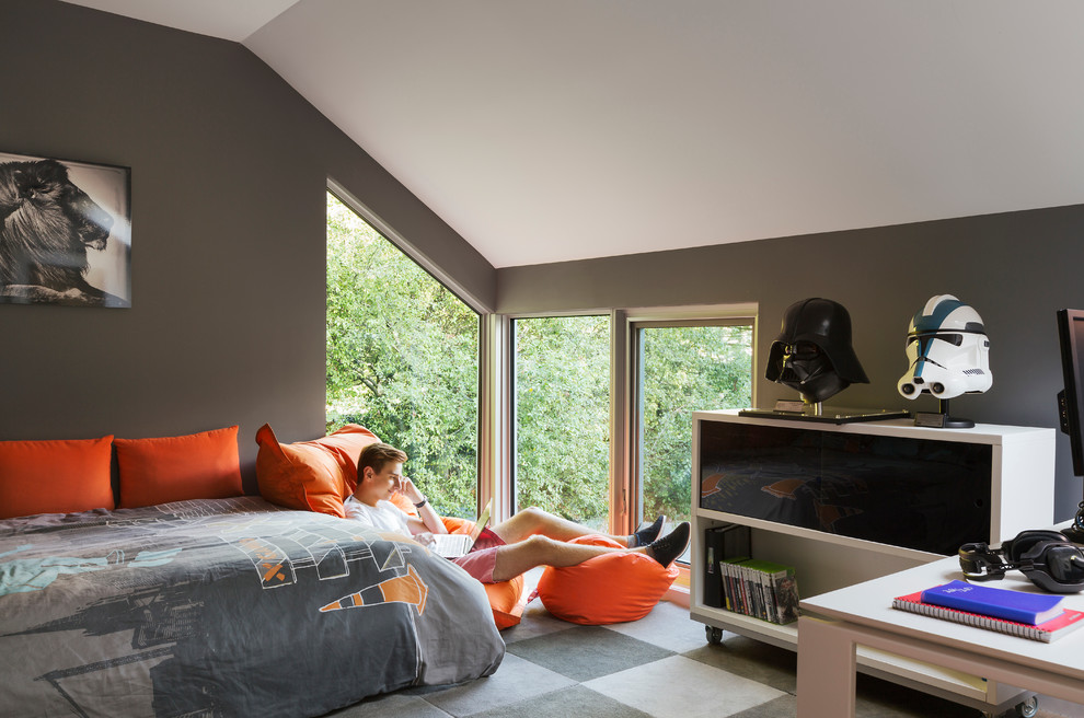 Inspiration for a large contemporary kids' room for boys in San Francisco with grey walls, carpet and grey floor.