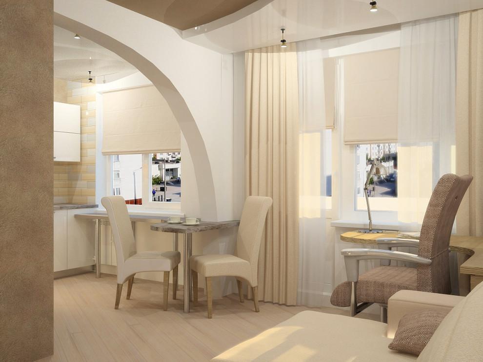 Exemple d'un petit bureau tendance avec un mur beige, sol en stratifié, un sol beige et un plafond décaissé.