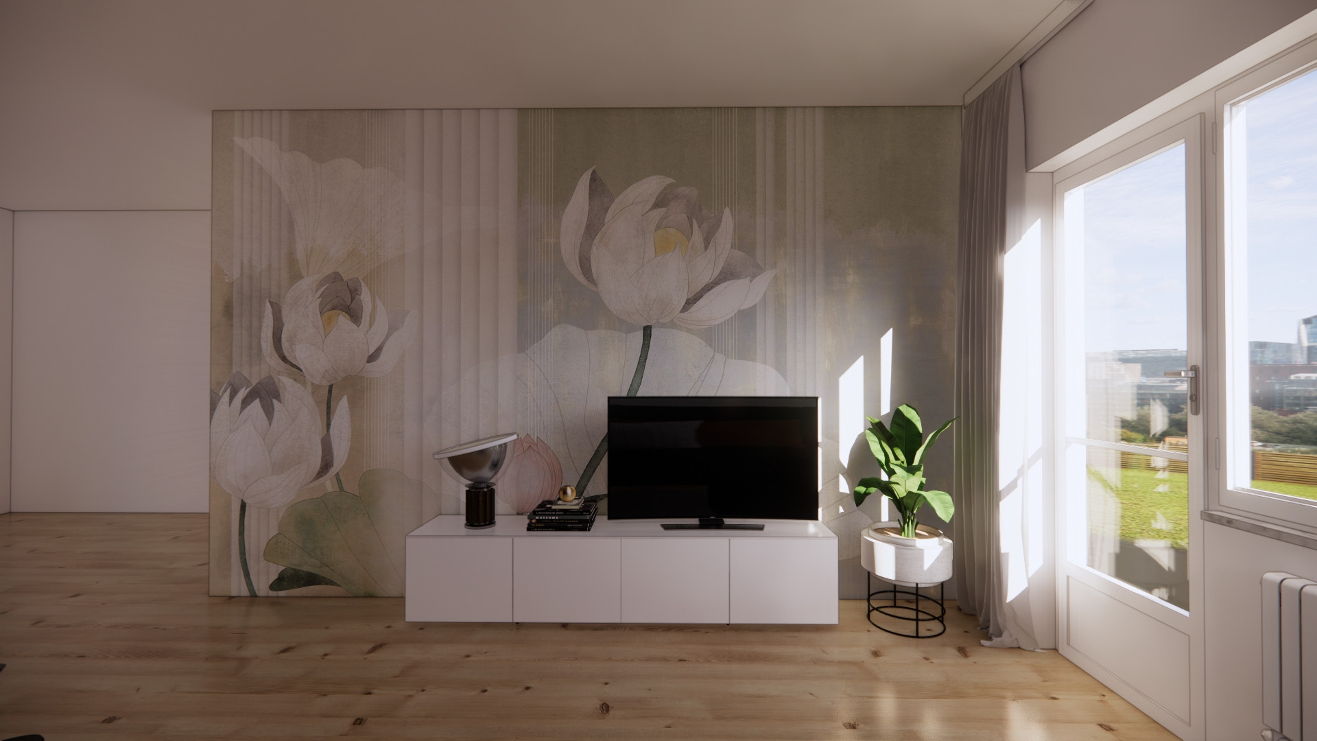 La parete TV diventa elemento decorativo di tutto l'ambiente