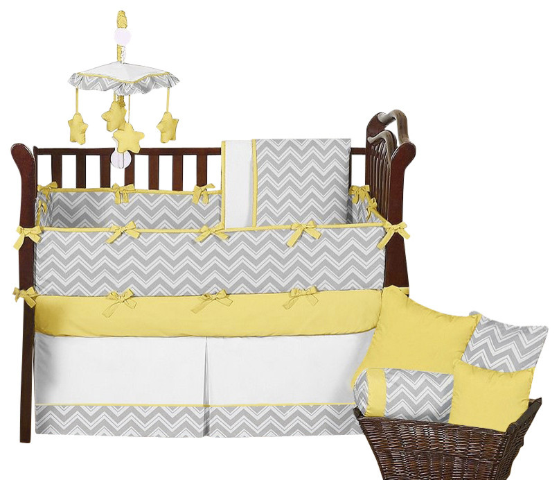 Zig Zag Yellow and Gray Chevron 9-Piece Baby Crib Bedding Set by Sweet Jojo