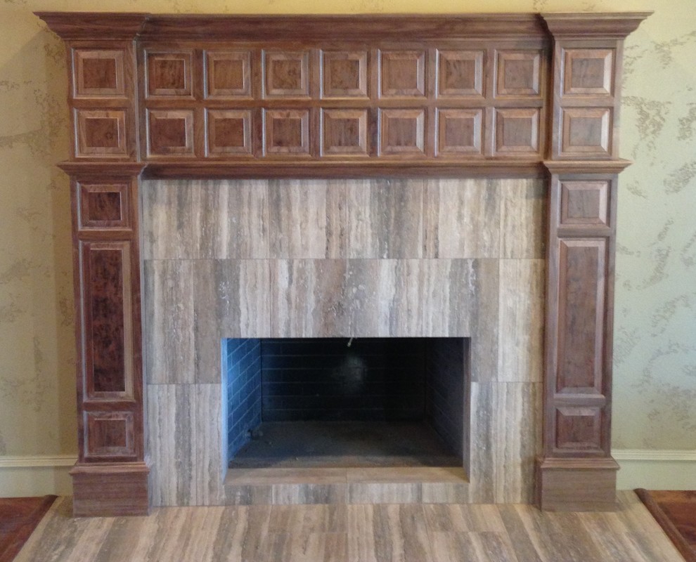 Inspiration for a mid-sized rustic open concept medium tone wood floor home design remodel in Austin with beige walls, a standard fireplace and a tile fireplace