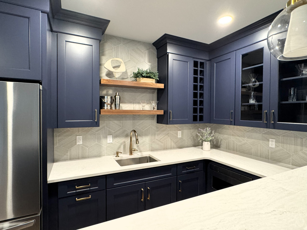 Blue Custom Bar Cabinetry with Brass Hardware
