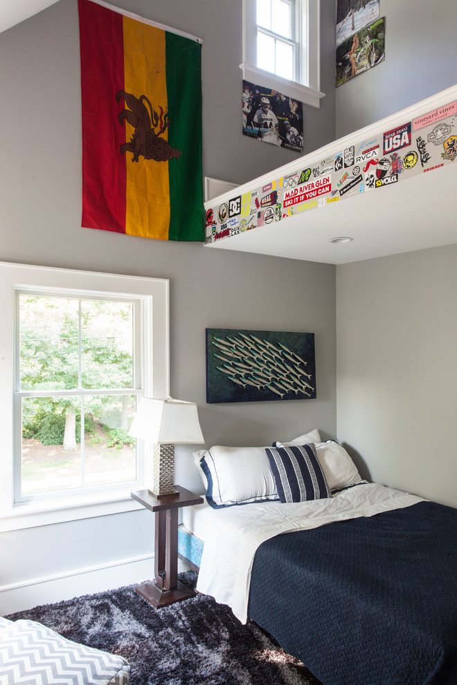 Design ideas for a transitional kids' room for boys in Boston with grey walls and carpet.