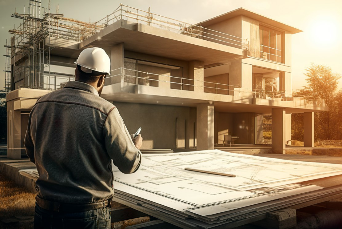custom home builder in front of new home looking at floor plans