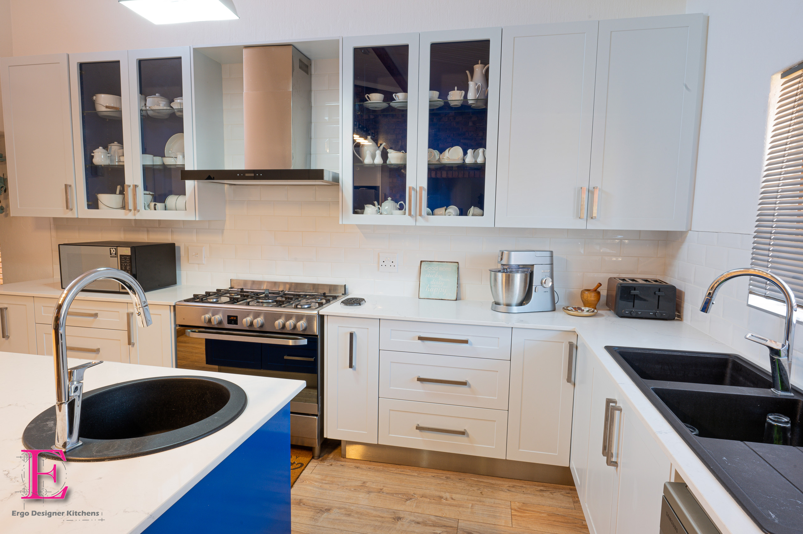 Beautiful Marble Kitchen Counter and Stove With Cobalt Blue Decor