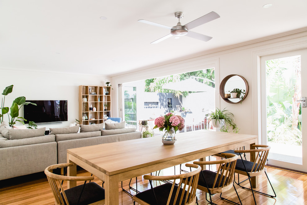 Design ideas for a scandinavian open plan dining in Melbourne with white walls.