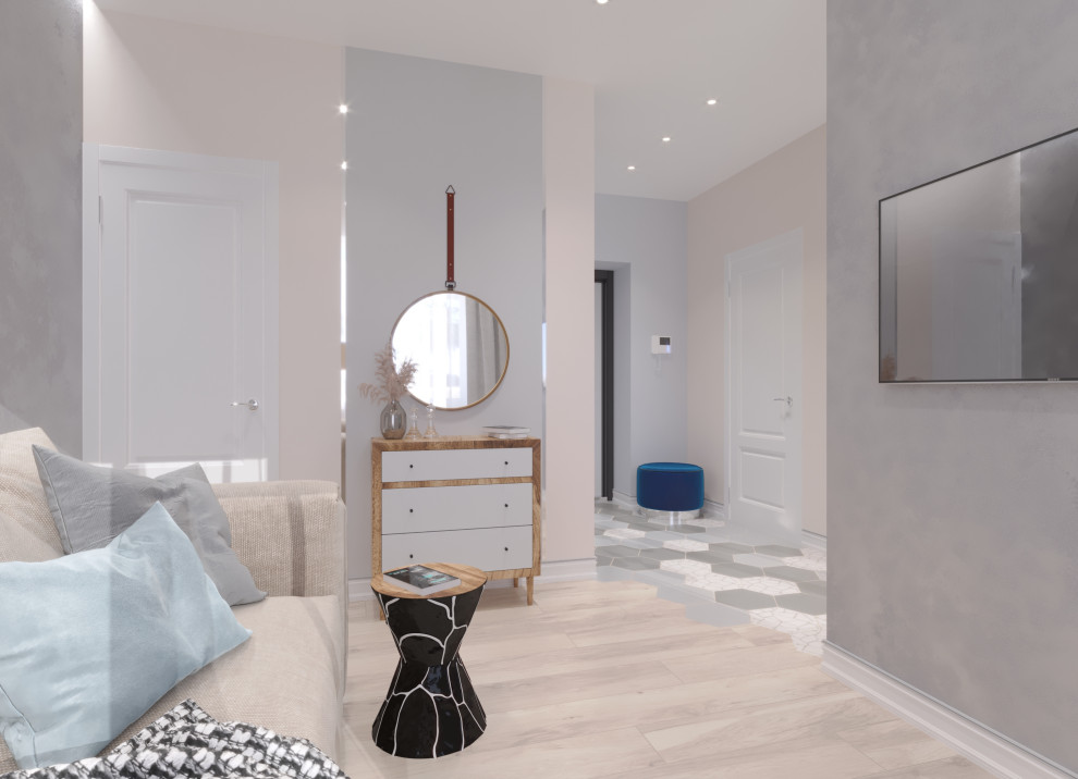 Дизайн интерьера однокомнатной квартиры-студии в стиле Контемпорари.