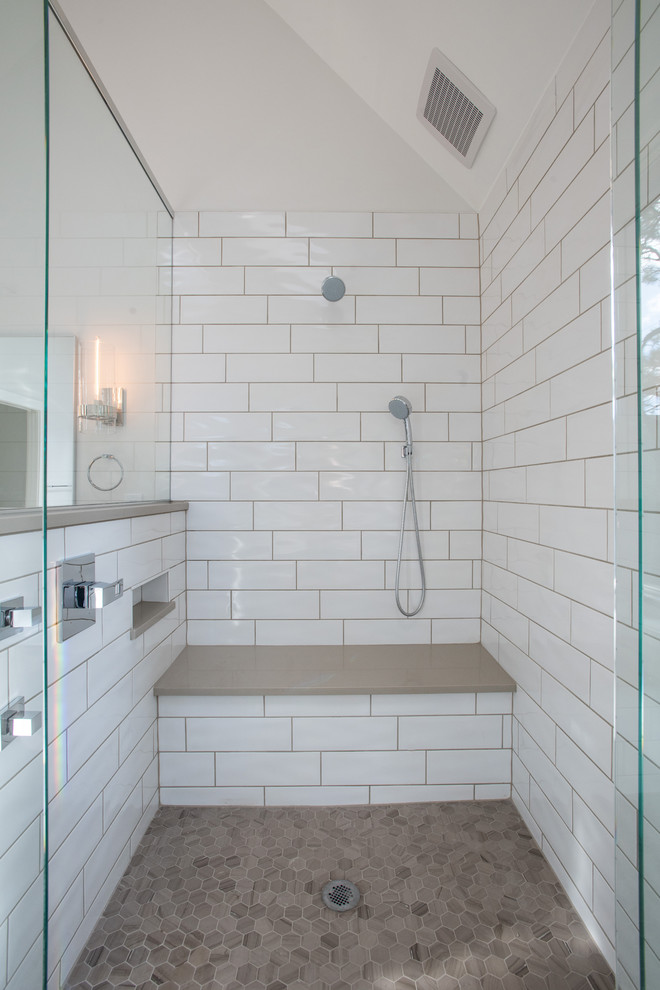 Design ideas for a mid-sized contemporary master bathroom in Denver with shaker cabinets, dark wood cabinets, a drop-in tub, a shower/bathtub combo, white tile, mosaic tile, white walls, medium hardwood floors, an undermount sink, granite benchtops and a hinged shower door.