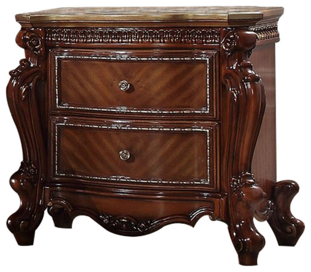 Benzara BM225950 2 Drawer Nightstand with Metal Knobs & Carved Details