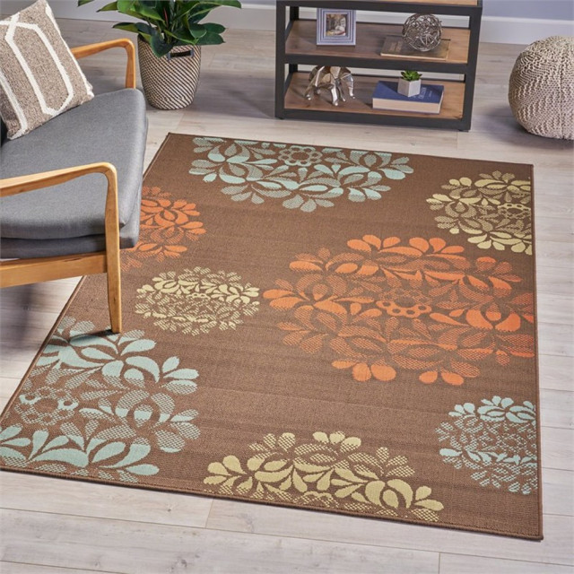 Noble House Ramonna 90x63" Indoor Fabric Floral Area Rug in Brown and Blue