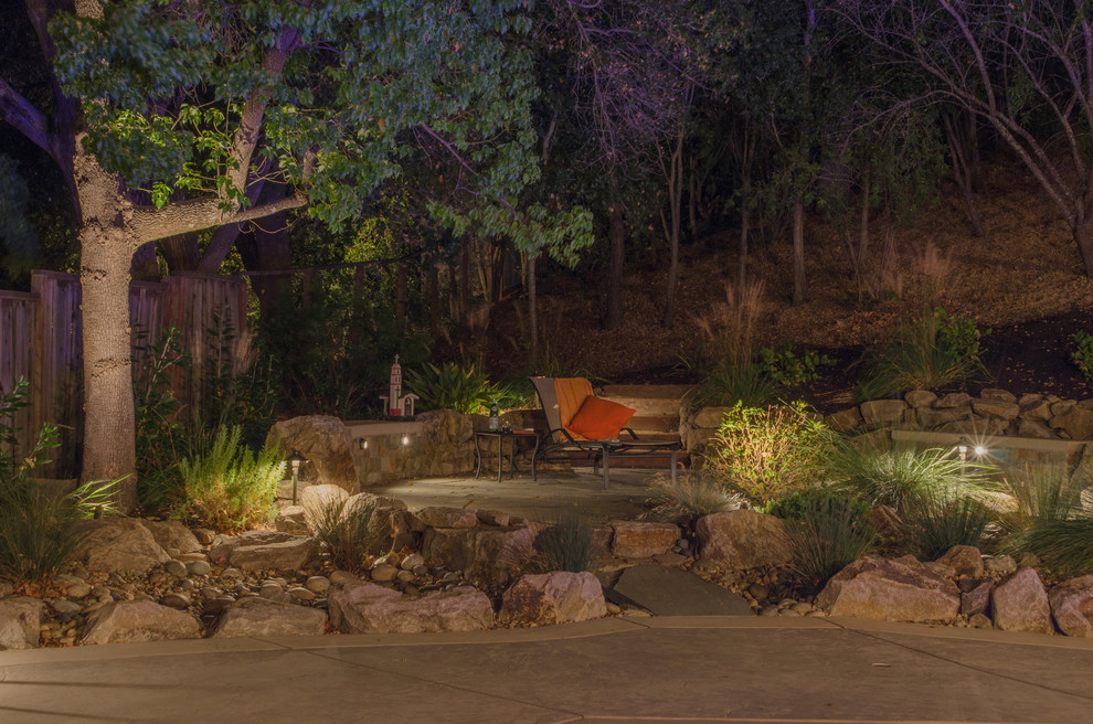 Photo of an expansive transitional backyard garden in San Francisco with with rock feature and natural stone pavers.