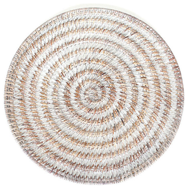 Round White Rattan Placemats 14", Set of 4 Beach Style Placemats
