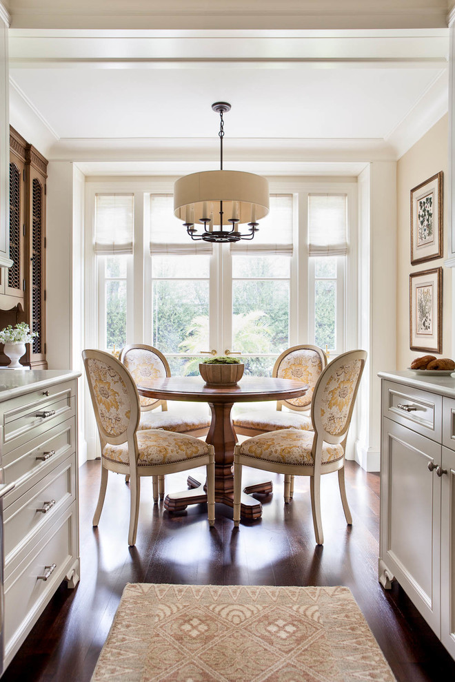 Inspiration for a traditional kitchen/dining combo in San Francisco with beige walls, dark hardwood floors and brown floor.