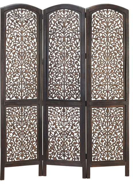 Wood 3 Panel Screen Decently Carved With Leaf Design