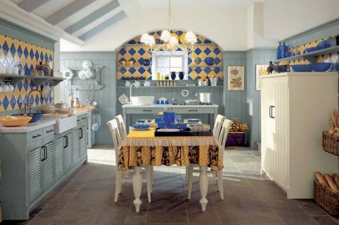 Inspiration for a large country u-shaped eat-in kitchen in Cleveland with granite benchtops, multi-coloured splashback, a farmhouse sink, louvered cabinets, blue cabinets, mosaic tile splashback, panelled appliances, ceramic floors, multiple islands and beige floor.