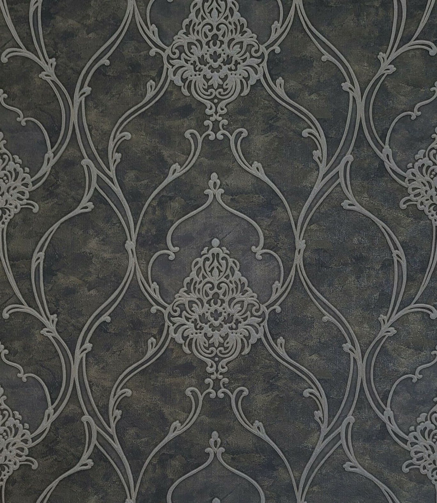 Wallpaper charcoal gray bronze metallic White Textured floral Damask faux fabric