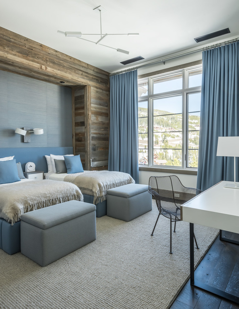 Mountain style guest dark wood floor bedroom photo in Other with blue walls