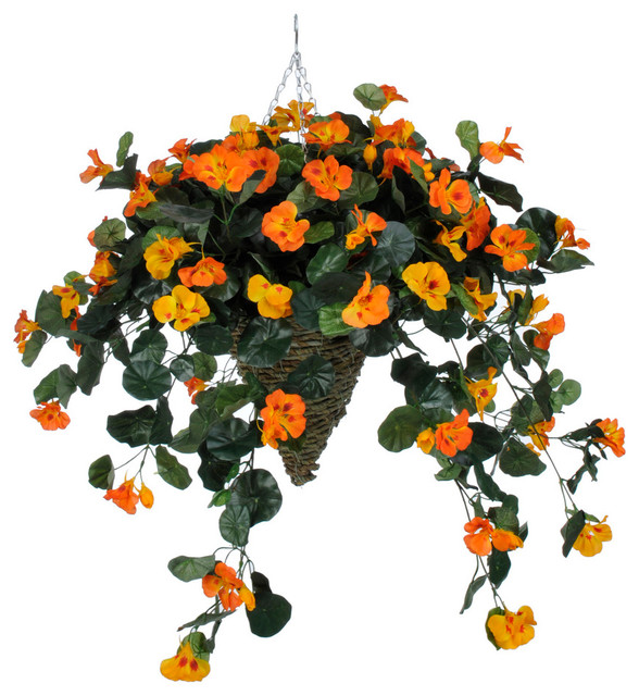 Artificial Orange Nasturtium In Cone Hanging Basket Traditional Artificial Orange Nasturtium In Cone Hanging Basket Traditional Flower Arrangements
