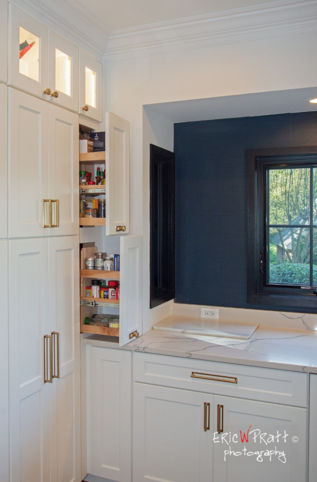 This is an example of a large contemporary galley kitchen pantry in DC Metro with a submerged sink, white splashback, engineered quartz splashback, stainless steel appliances, dark hardwood flooring, brown floors and white worktops.