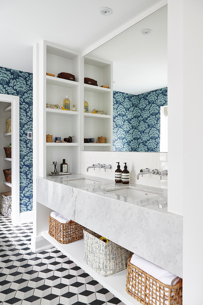 Example of a transitional master mosaic tile floor bathroom design in Toronto with open cabinets, multicolored walls and an undermount sink