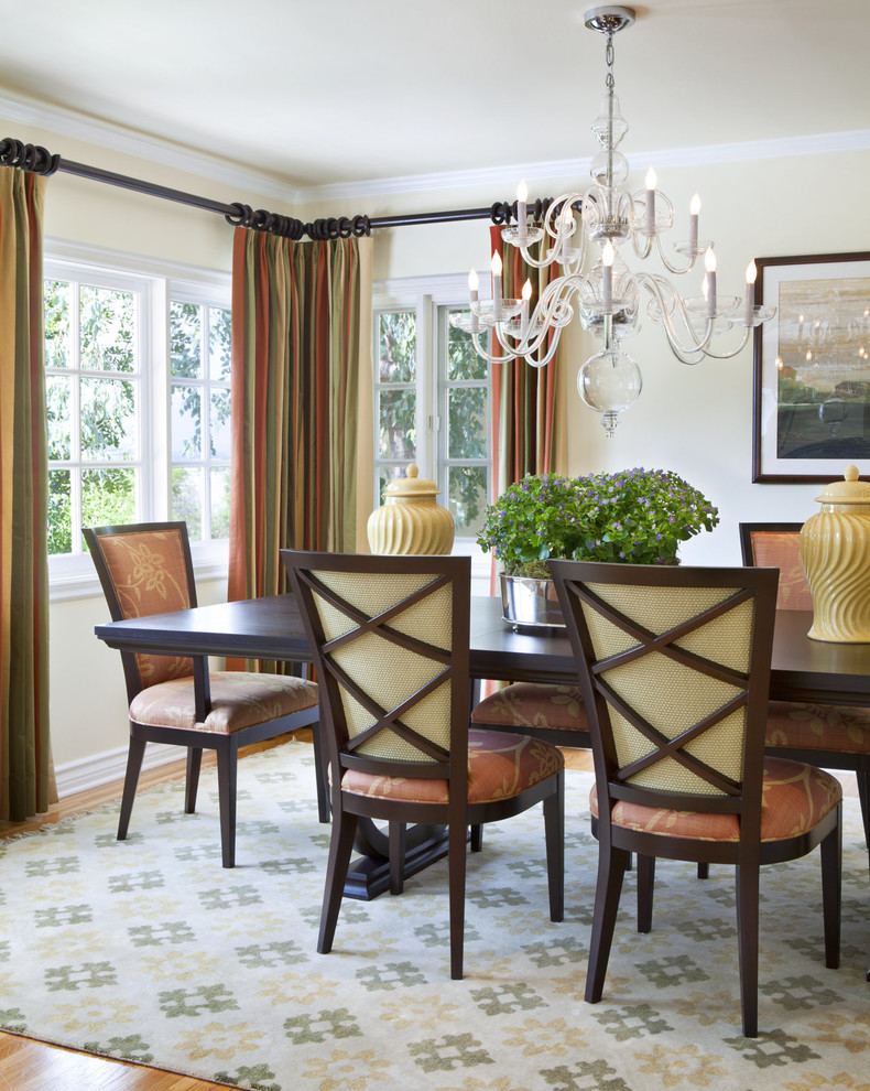 Design ideas for a mid-sized traditional separate dining room in Los Angeles with beige walls, medium hardwood floors, no fireplace and brown floor.