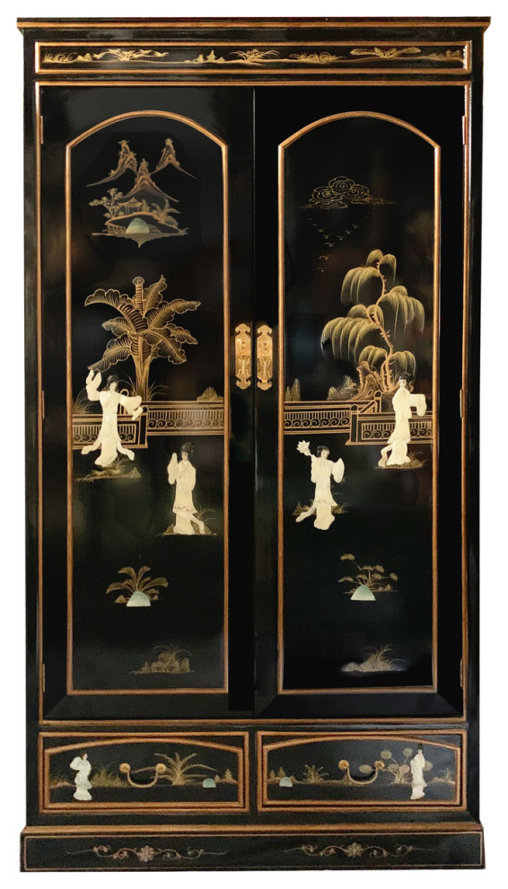 Oriental Armoire Black Lacquer With Mother of Pearl Inlays Asian