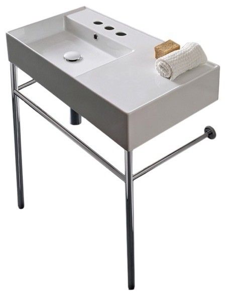 Ceramic Console Sink and Polished Chrome Stand, Three Hole