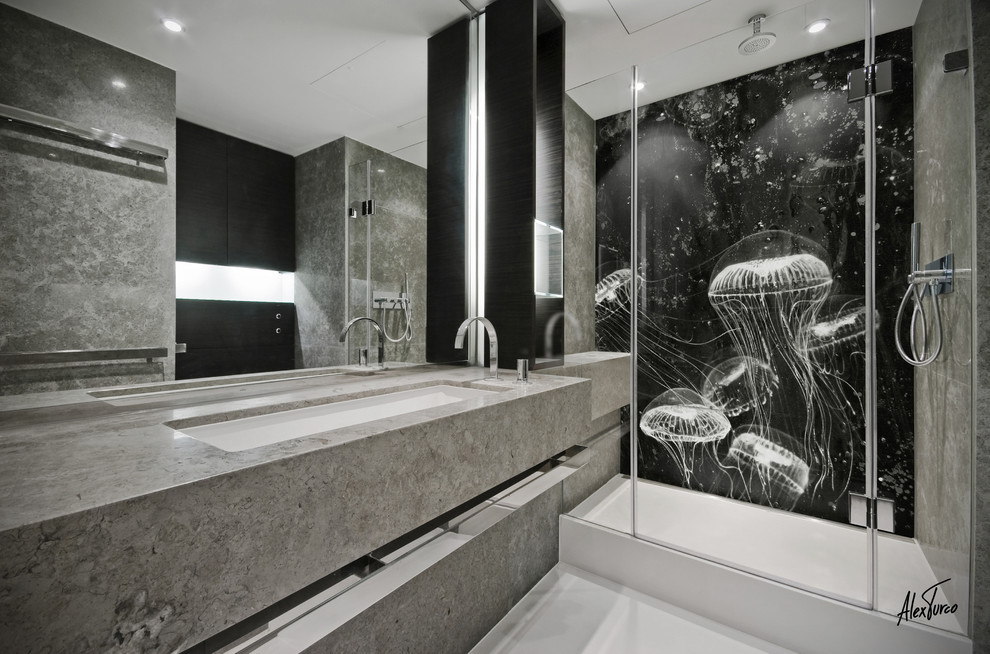 Inspiration for a modern bathroom in Miami with black tile and black walls.