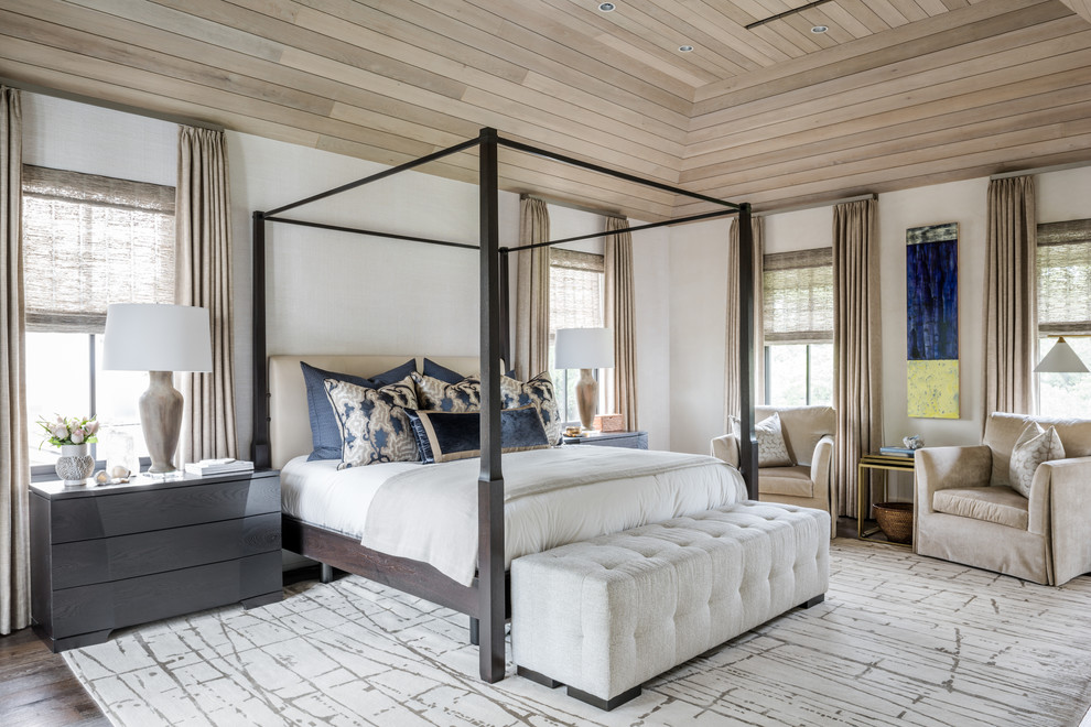Inspiration for a transitional master bedroom in Houston with white walls and dark hardwood floors.