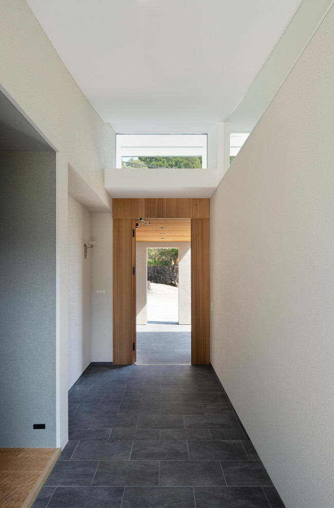 Стильный дизайн: узкая прихожая среднего размера в современном стиле с белыми стенами, полом из керамической плитки, одностворчатой входной дверью, входной дверью из дерева среднего тона и серым полом - последний тренд