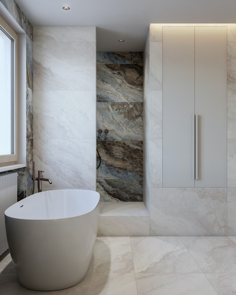 Modern inredning av ett mellanstort vit vitt en-suite badrum, med luckor med upphöjd panel, bruna skåp, ett fristående badkar, våtrum, en bidé, blå kakel, porslinskakel, grå väggar, klinkergolv i porslin, ett fristående handfat, bänkskiva i akrylsten, beiget golv och med dusch som är öppen