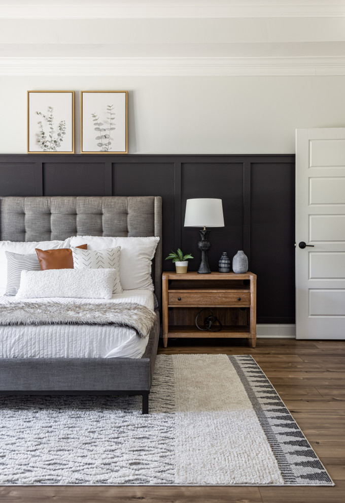 Inspiration for a medium sized country master bedroom in DC Metro with white walls, vinyl flooring, brown floors and wainscoting.